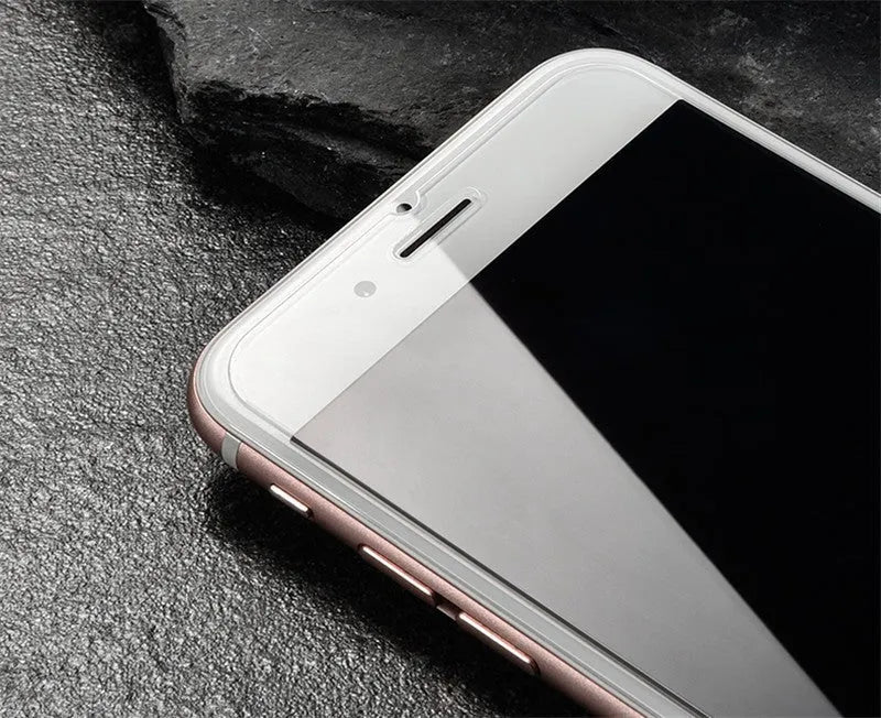 Tempered glass screen protector for mobile phones with 9H hardness and oleophobic coating.