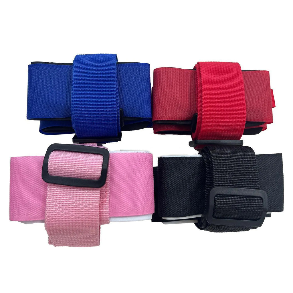 Adjustable hook and loop skiing bandage with shoulder strap in black, blue, pink, and red options.