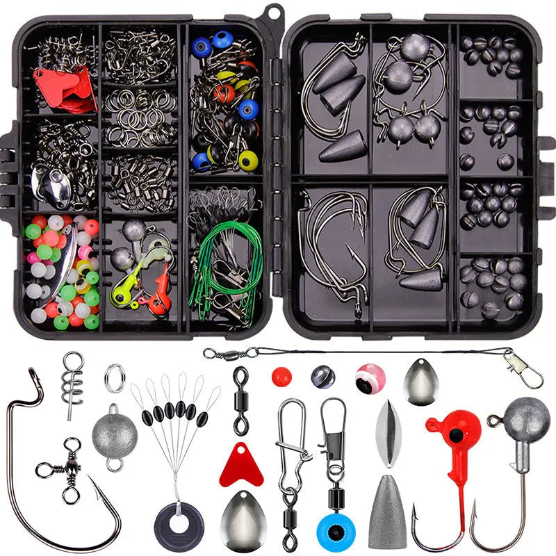 Orange or black ABS tackle box containing 257 fishing lure accessories including hooks, sinkers, and swivels