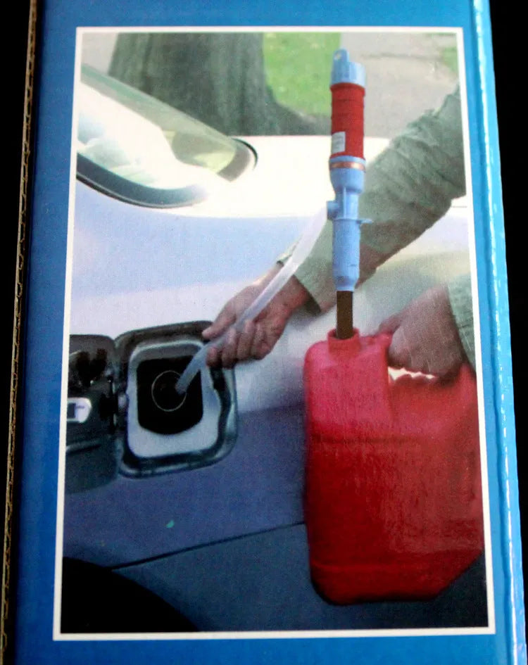 Manual hand-operated siphon pump for fuel transfer in blue or red colour