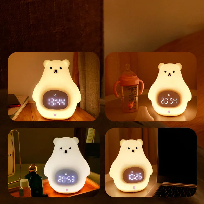 White bear shaped silicone night light with sleep timer and alarm clock functions