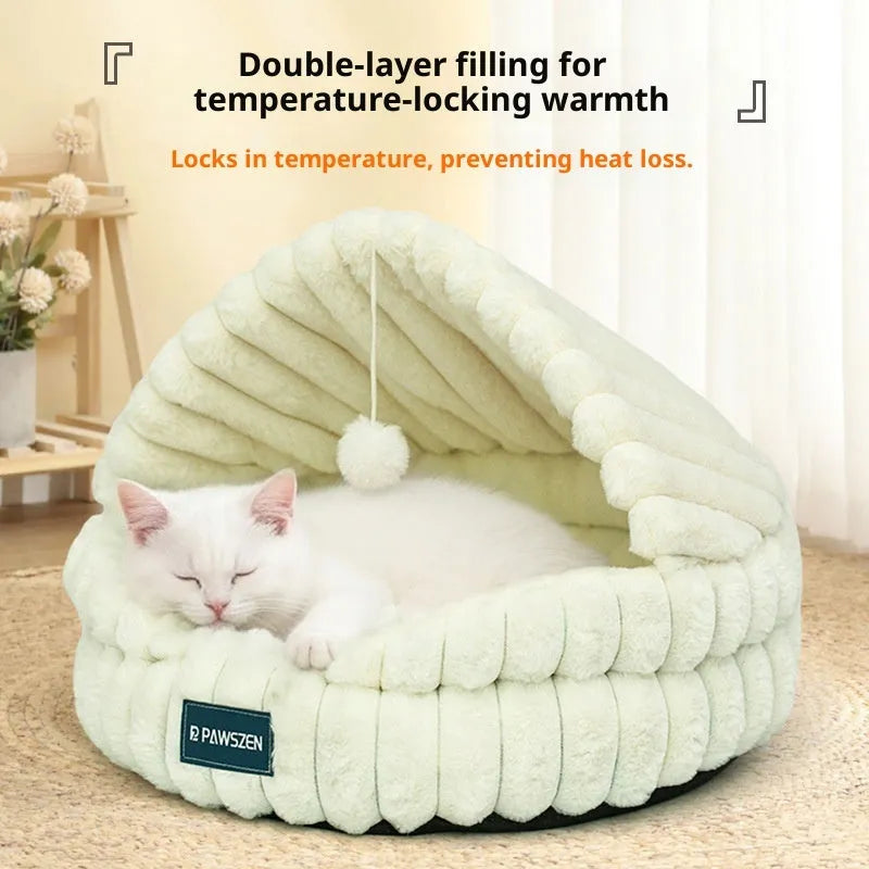 Large warm cat nest pet bed in gray shell design, 50cm diameter cloth material