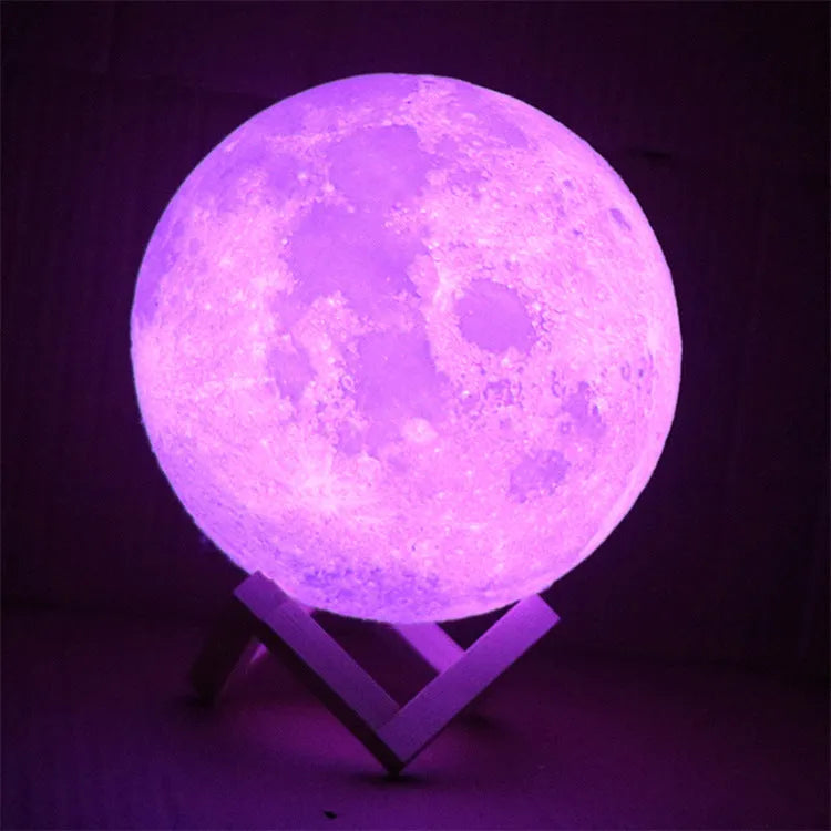 3D printed moon lamp with touch metal ring control on wooden stand, showing white and yellow light settings