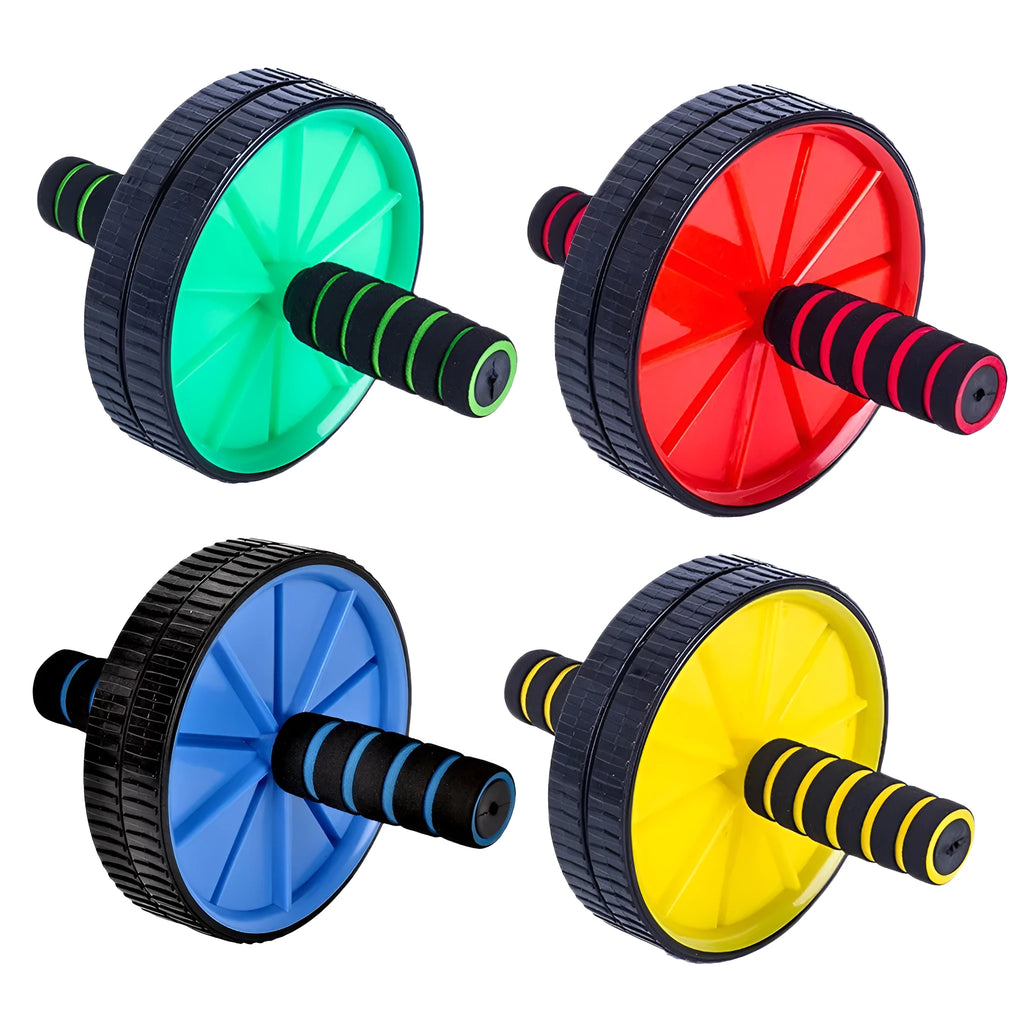 Double wheel abdominal exercise wheel in engineering plastic, 18x24x80cm, available in blue, green, red, and yellow