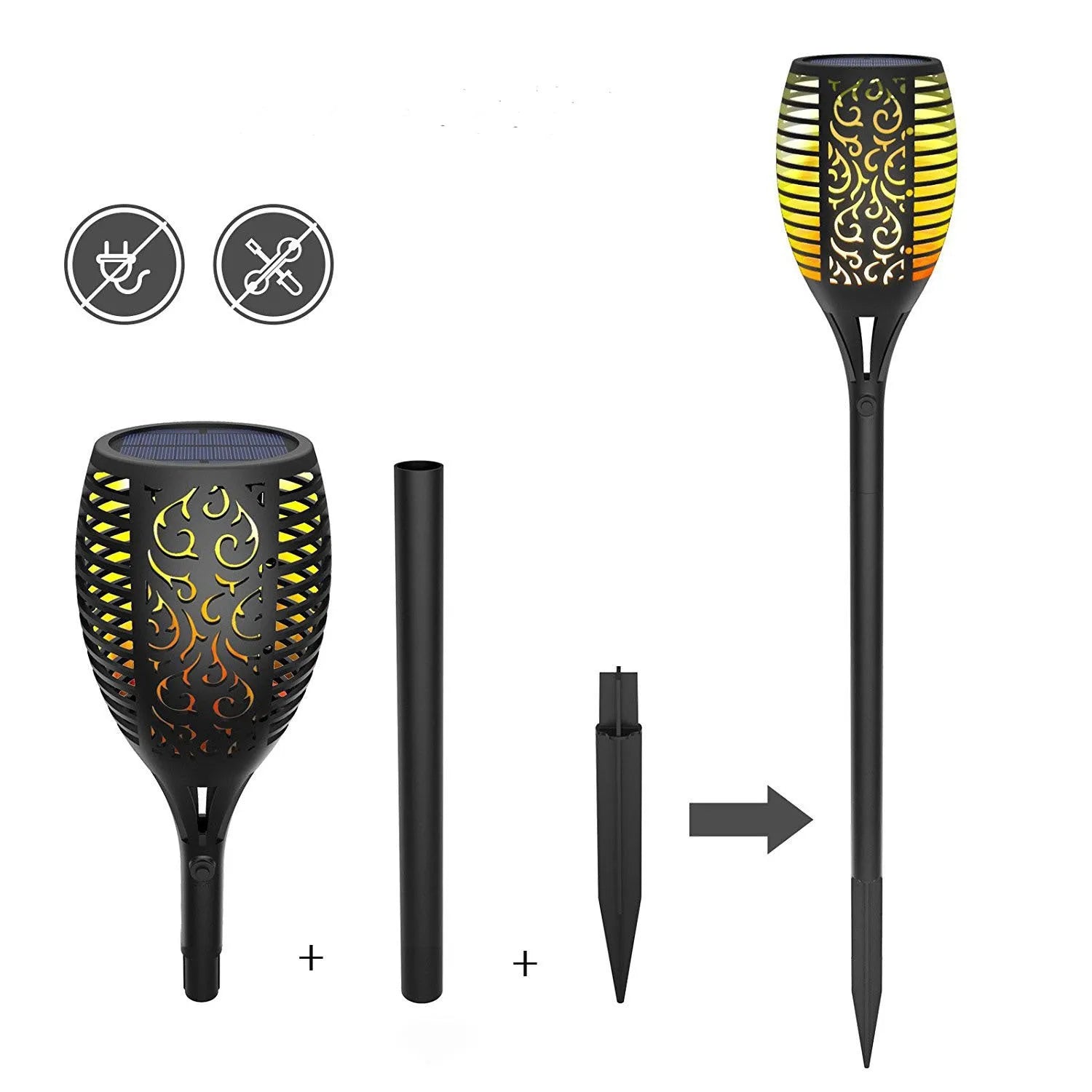83cm black LED solar flame flickering lawn lamp with realistic dancing warm white light effect and ground spike