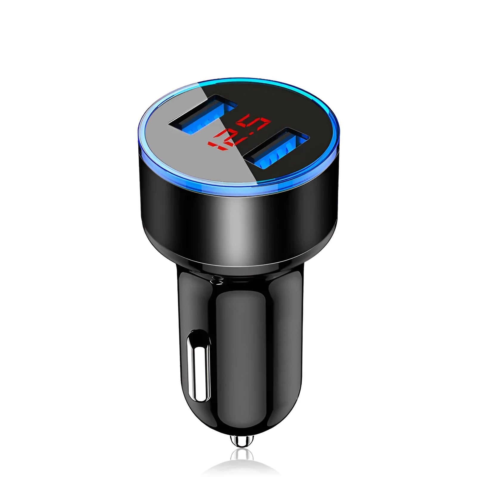 Aluminium alloy car charger with digital display in black, showing USB port and metal casing