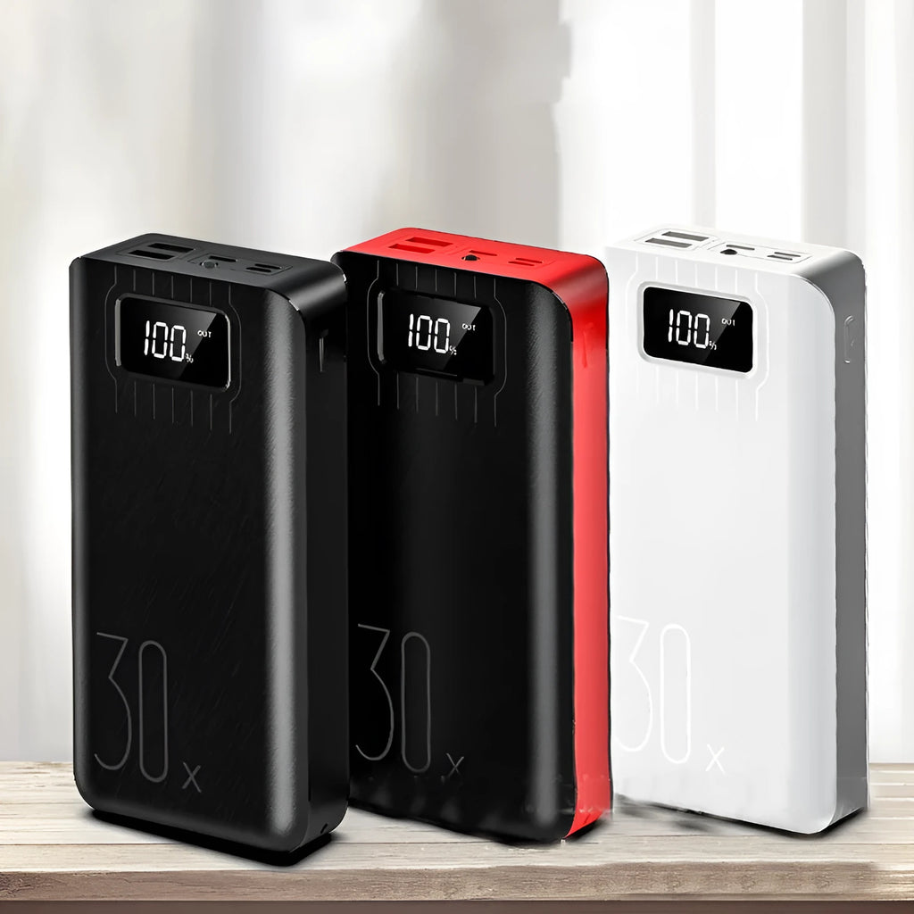 30000 mAh RM-30X power bank with black surface cloth texture and LED LCD display