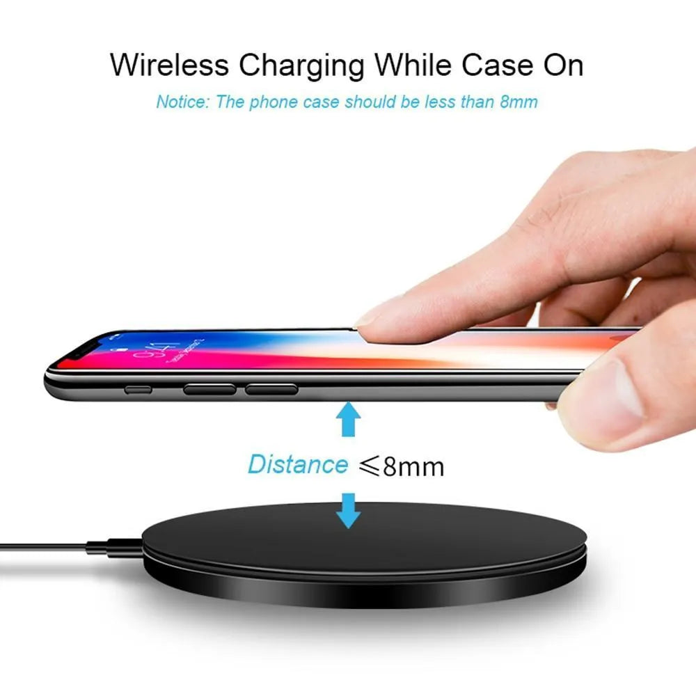 Black on black ultra-thin wireless fast charger with 98mm diameter aluminium construction