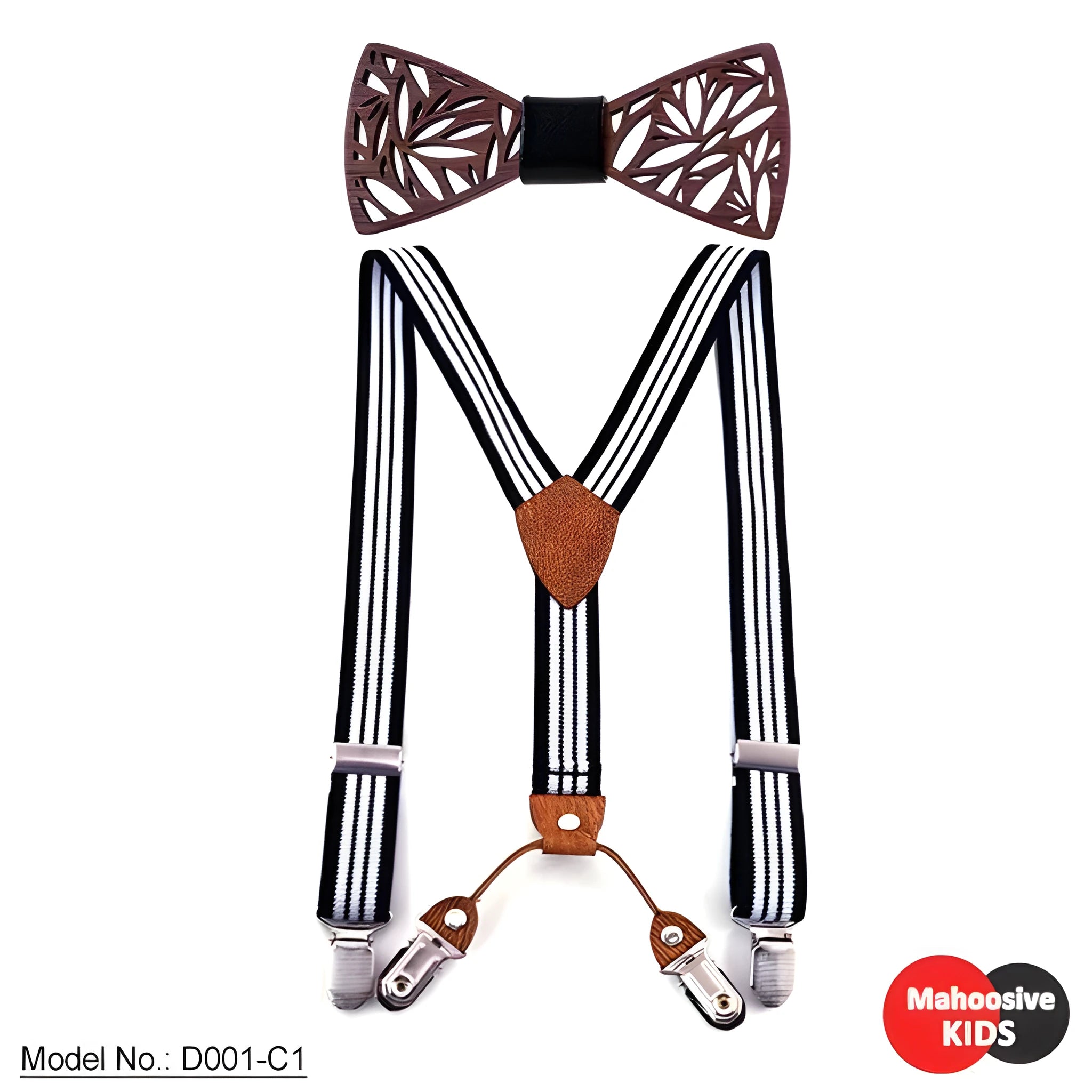 Children's wooden bow tie with matching striped suspenders and belt for boys, nine colour options available.