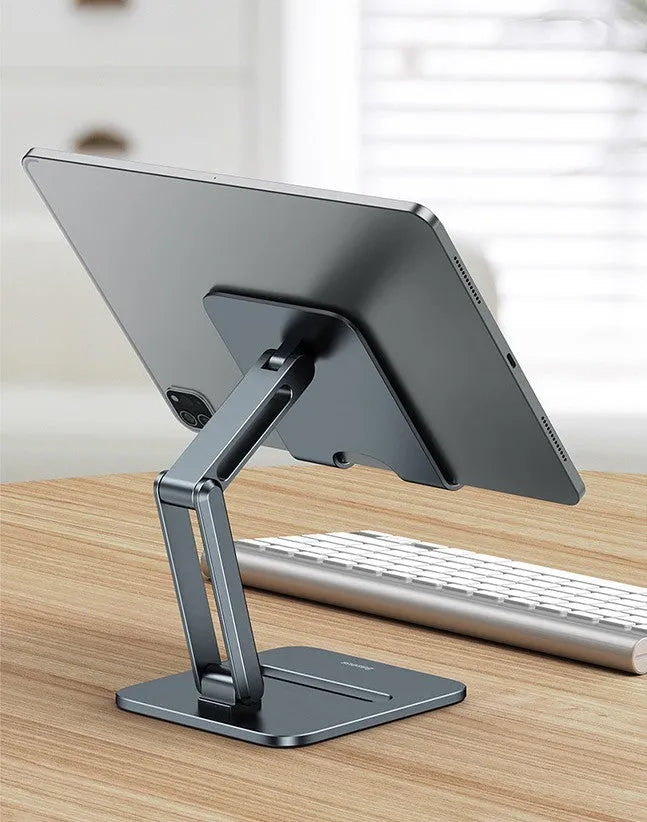 Folding aluminium alloy stand holding a 13-inch tablet on a desk, deep space gray colour, tablet model size 115 by 126 by 43 millimetres