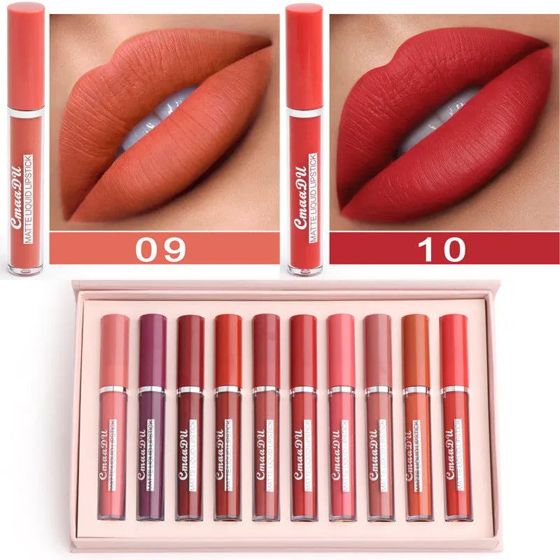 10-pack of women's non-stick cup waterproof matte lipstick in photo colour, each 3g stick with matte finish in compact packaging