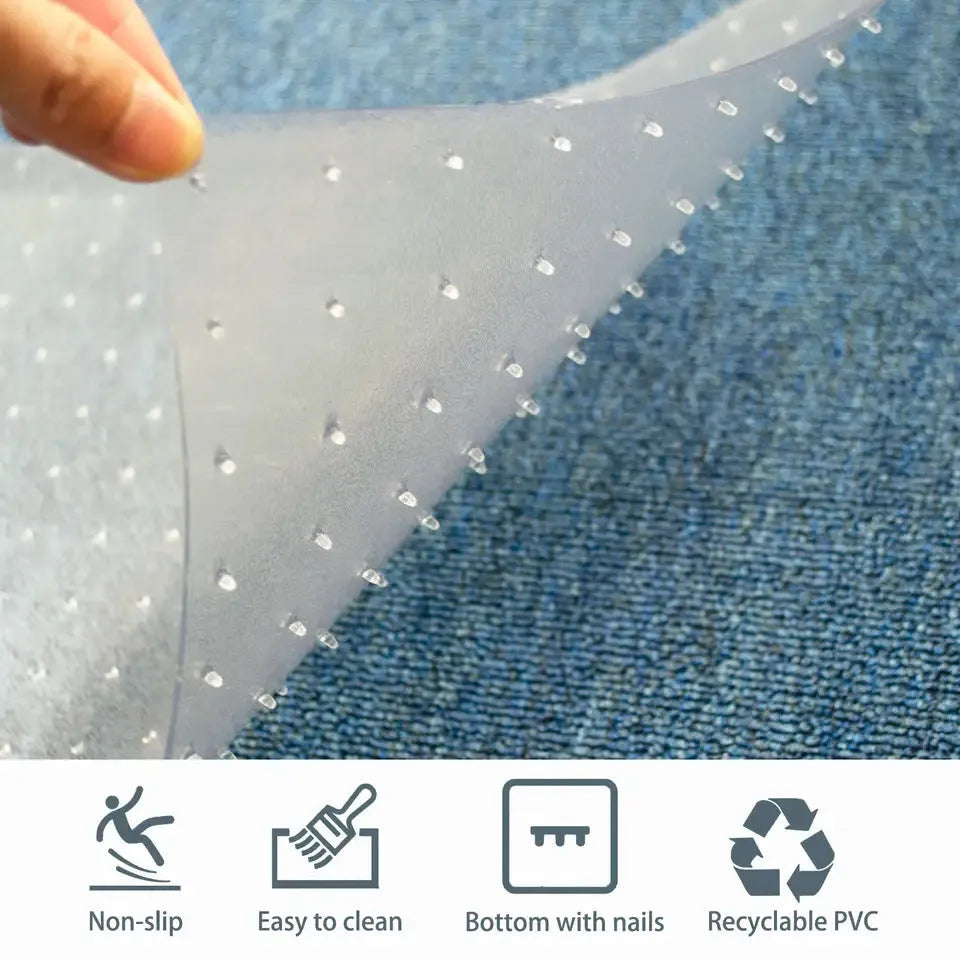 Transparent PVC cat scratch protective pad on a carpet at a door threshold, featuring anti-scratch wear-resistant surface