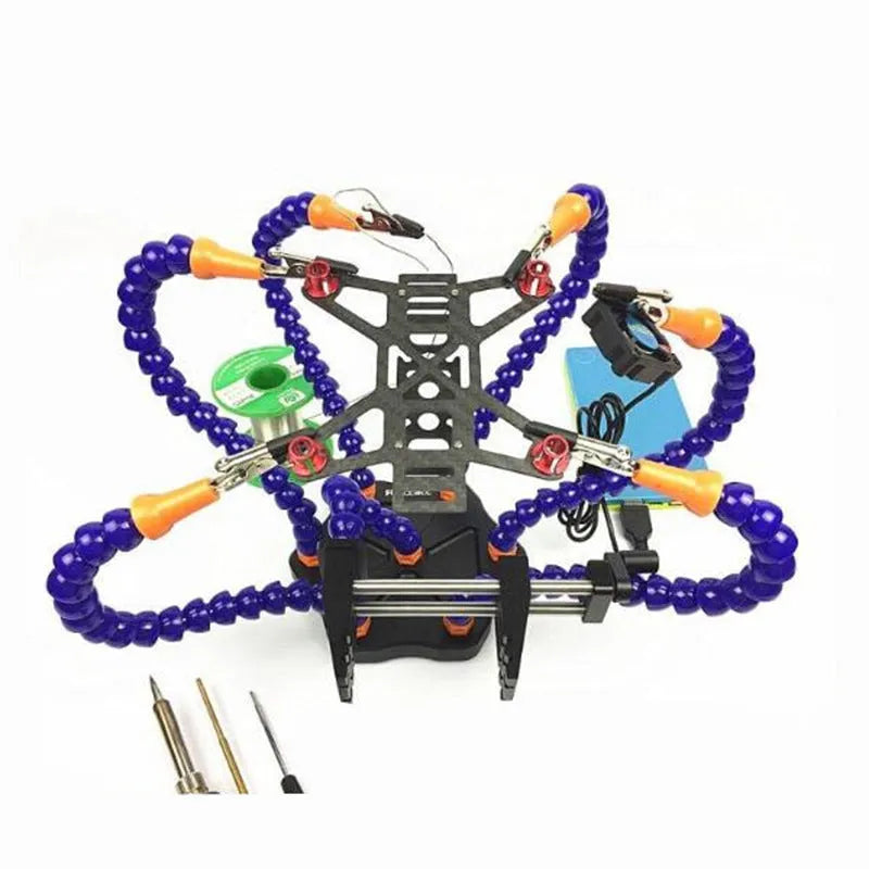 Black aluminium alloy six-jaw welding station with seven adjustable arms for model repair soldering