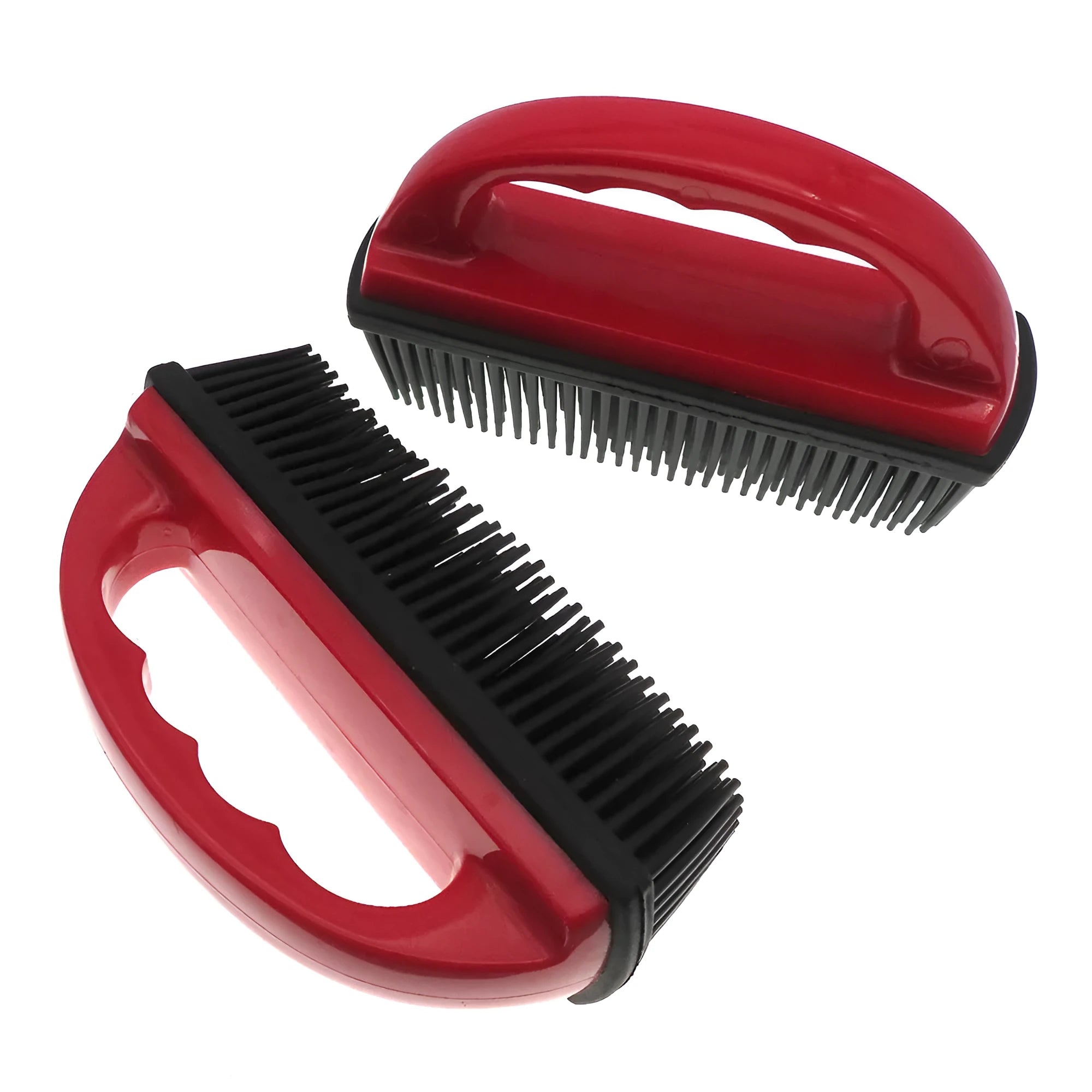 Red pet hair removal brush with massage function for dog and cat grooming during baths measuring 160x85mm