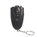 Black portable breath alcohol tester with LED display, torch flashlight, and keychain attachment on a white background