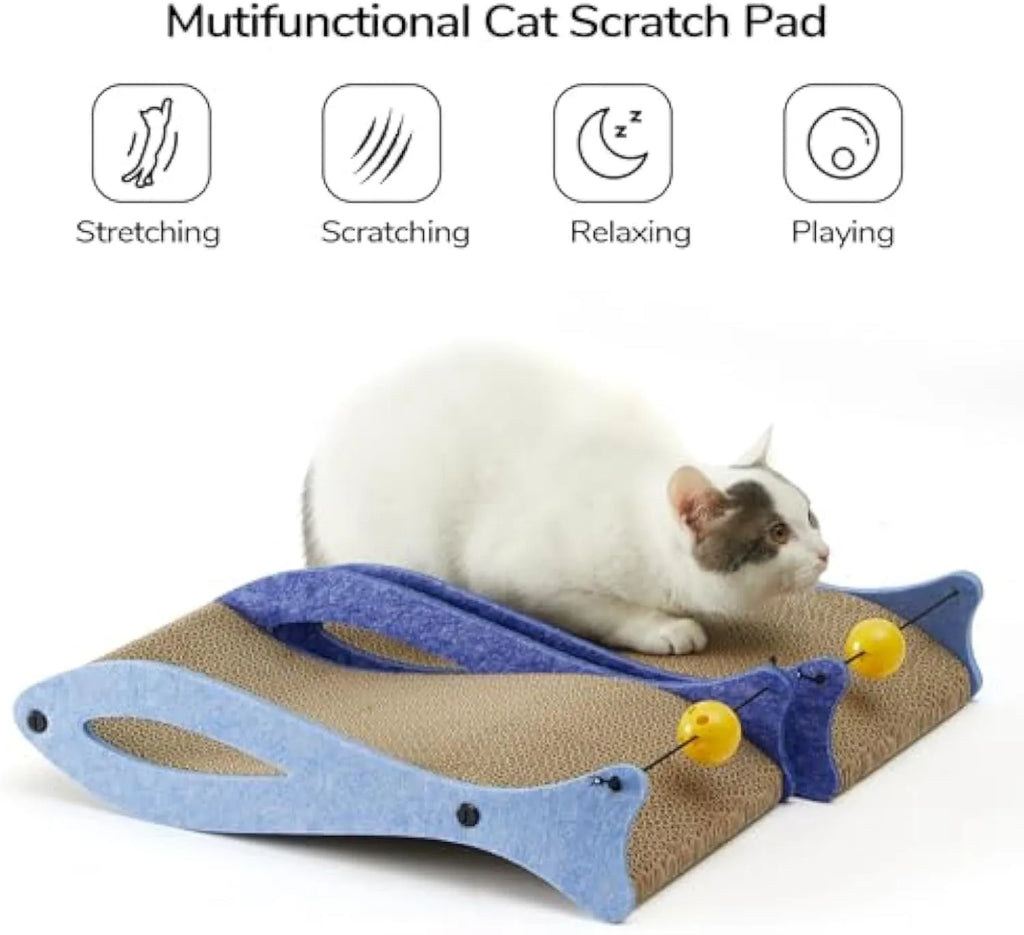 Blue fish-shaped cardboard cat scratcher lounger with a dangling bell ball toy.