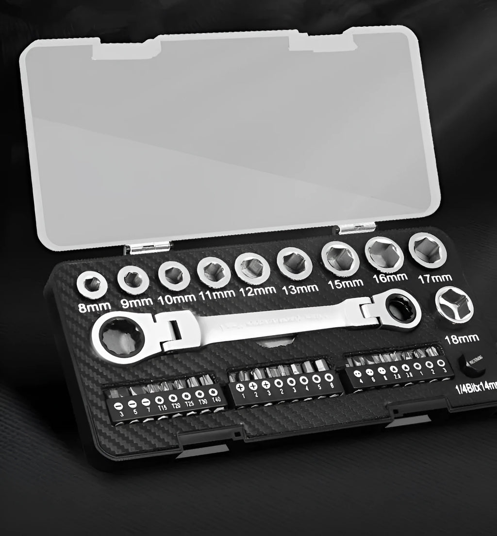 Dual-purpose ratchet wrench set with handle, ten sockets, and three bit heads arranged on a workbench.