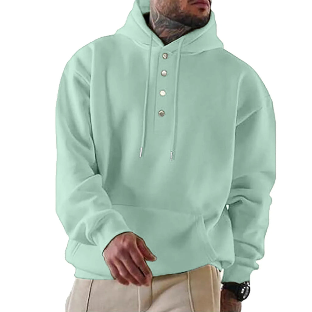 Men's loose fitting casual hooded sweater in black with long sleeves and single-breasted placket