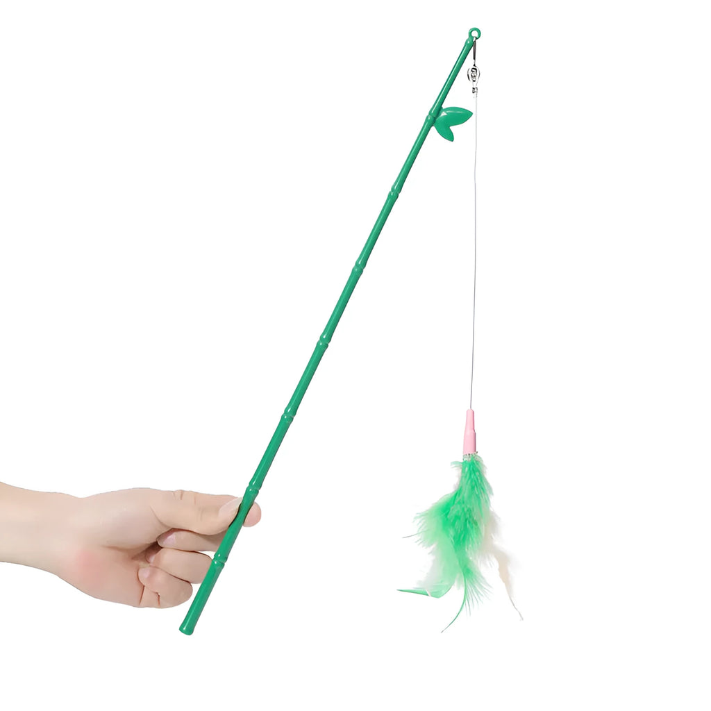 Green interactive cat feather wand toy with bells for play and training