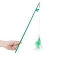 Green interactive cat feather wand toy with bells for play and training