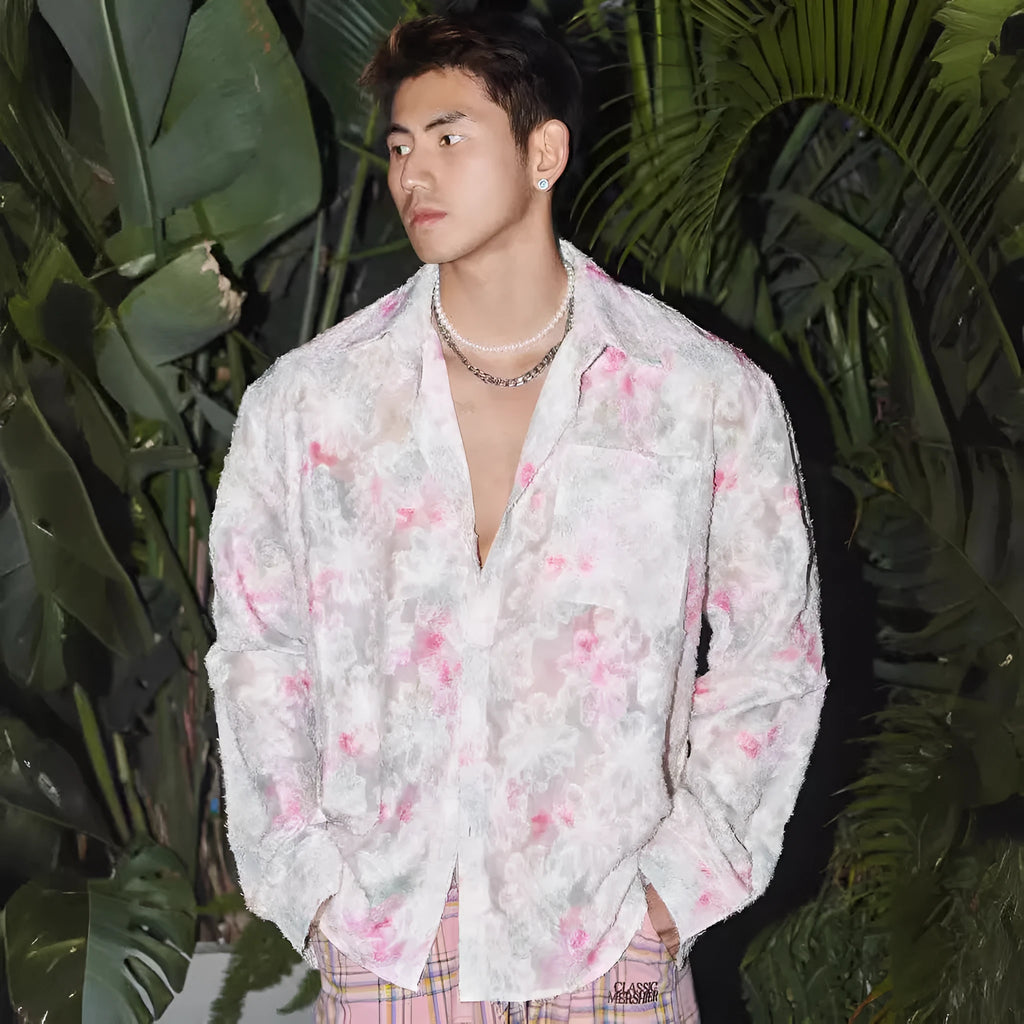 Floral pattern long sleeve shirt with embossed three-dimensional design in chemical fibre blend fabric