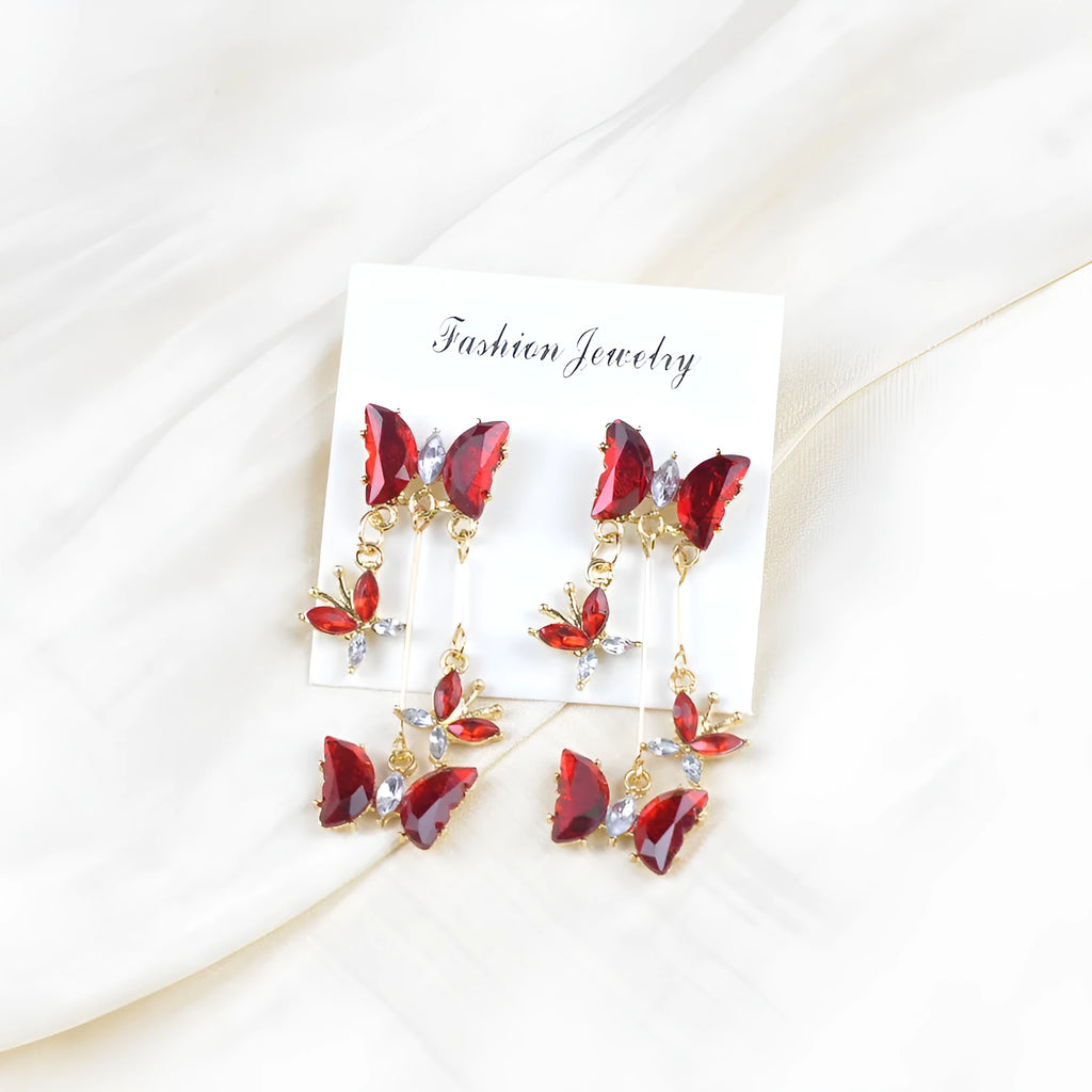 Butterfly fringe earrings in alloy and glass with electroplated finish, 1.8 x 5.3cm, light luxury style