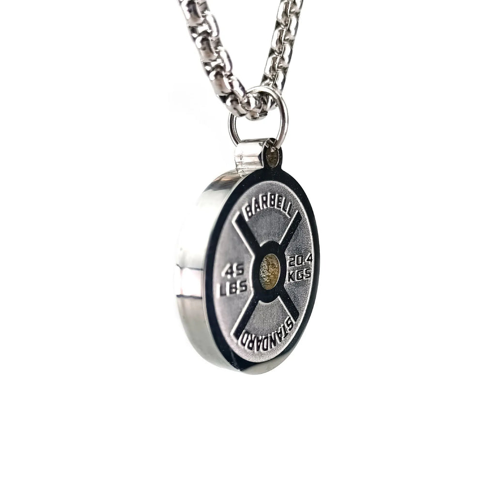 Polished stainless steel geometric barbell disk pendant necklace with choice of chain.