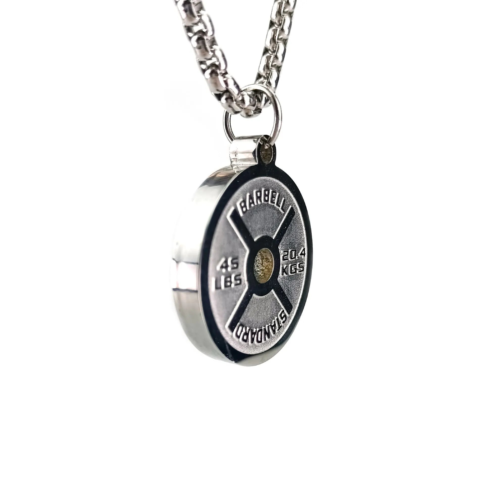 Polished stainless steel geometric barbell disk pendant necklace with choice of chain.