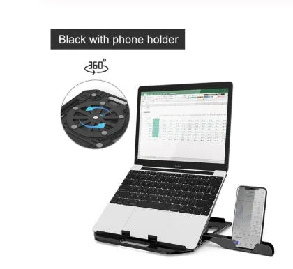 Adjustable folding laptop stand with phone holder in black, 28x28cm, for 11-17 inch notebook