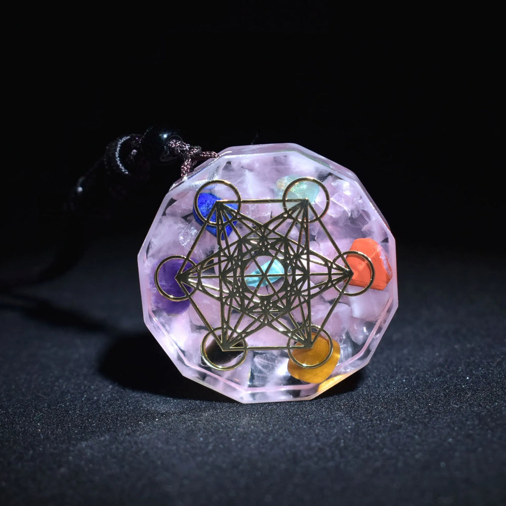 Orgonite pendant necklace with multi-colour crystal chips, resin metal matrix, and quartz crystals for chakra energy balancing