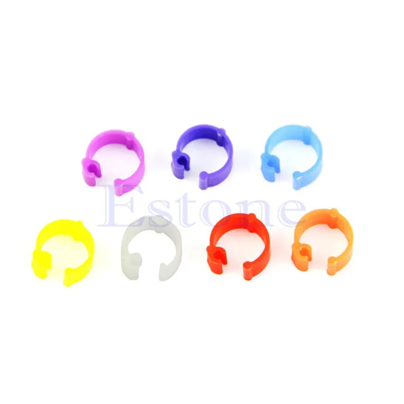 Chicken foot ring 100 PCS pack in six colours showing rings of 1.6mm, 2.0mm, and 2.5mm diameter