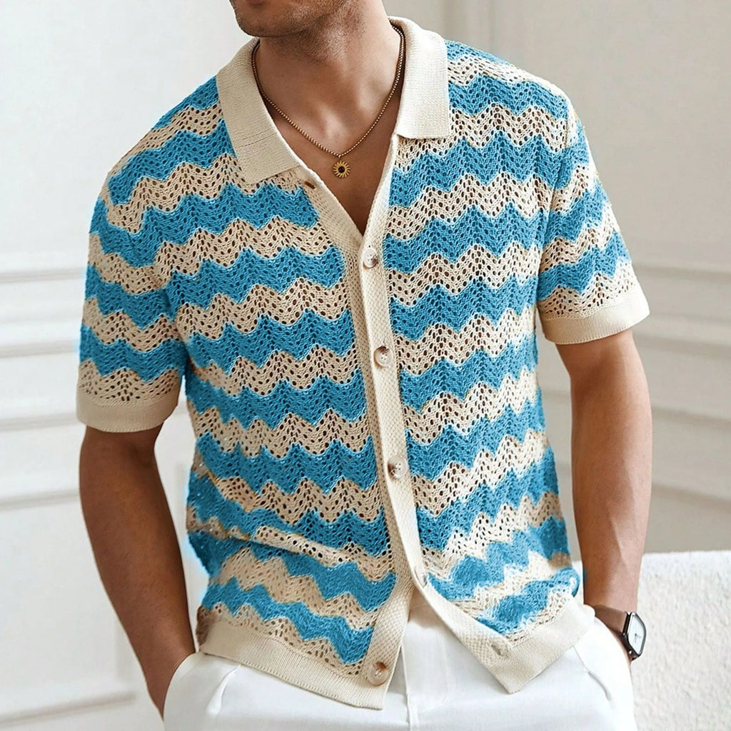 Men's American-style hollow jacquard corrugated short sleeve sweater in yellow, blue or brown with textured flocking design