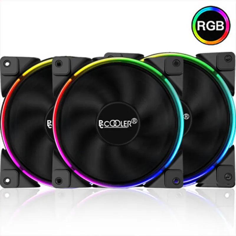 Three black 120mm PC chassis fans with FRGB lighting on blades