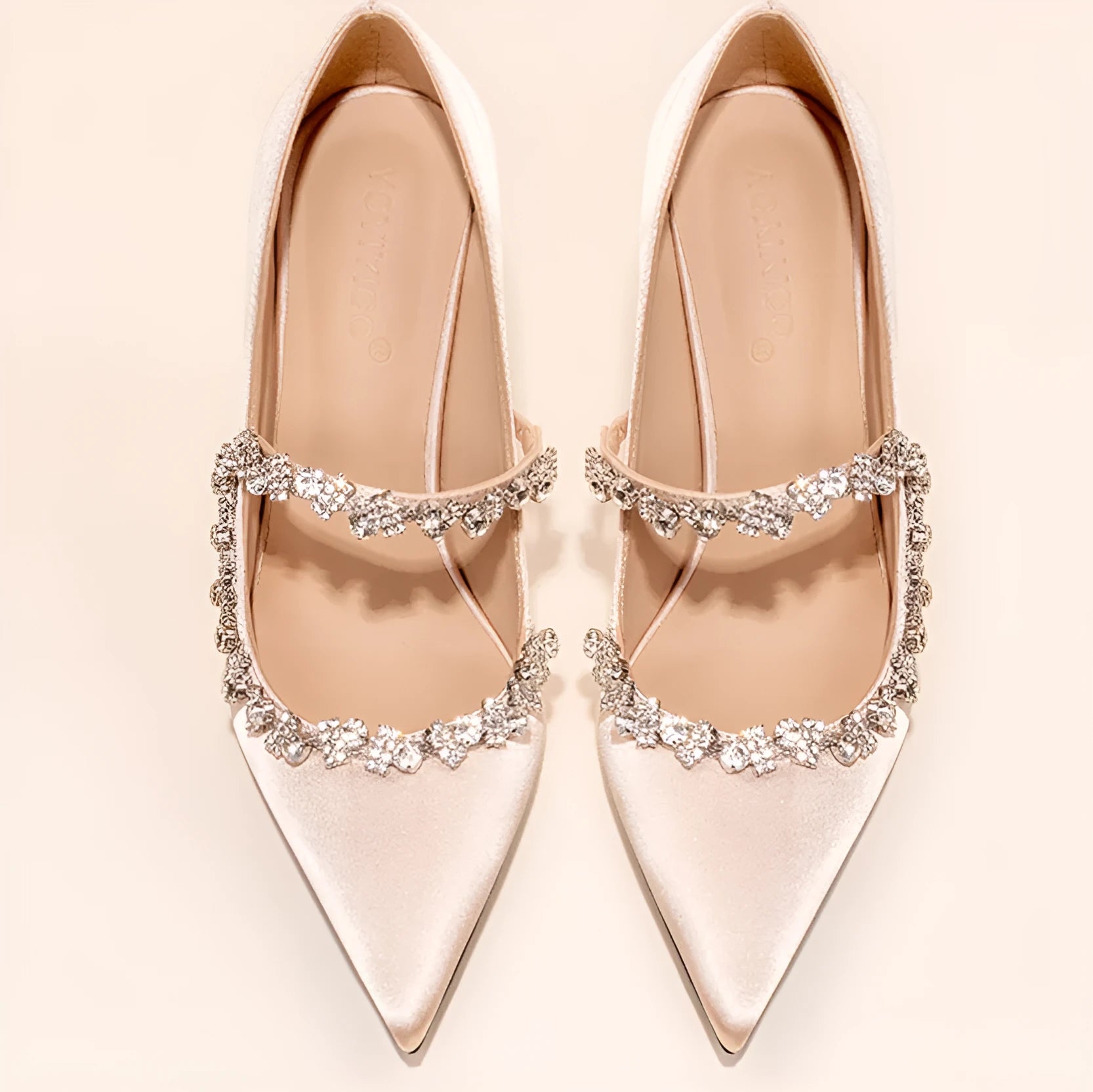 Nude slip-on high heels with rhinestone decorations, satin upper, sheepskin lining, 8CM heel height