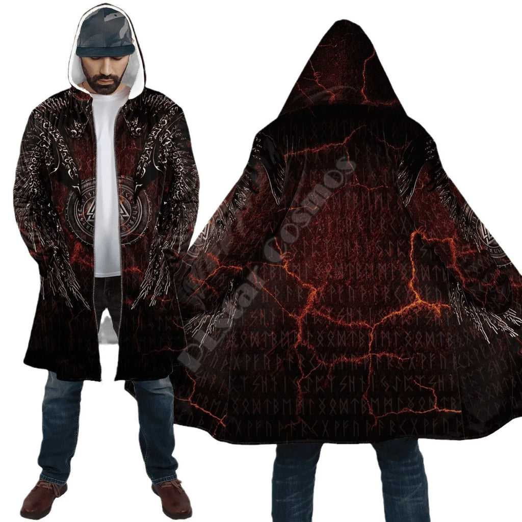 Men's fleece-lined thick windbreaker with 3D digital tattoo print hooded winter coat in loose fit