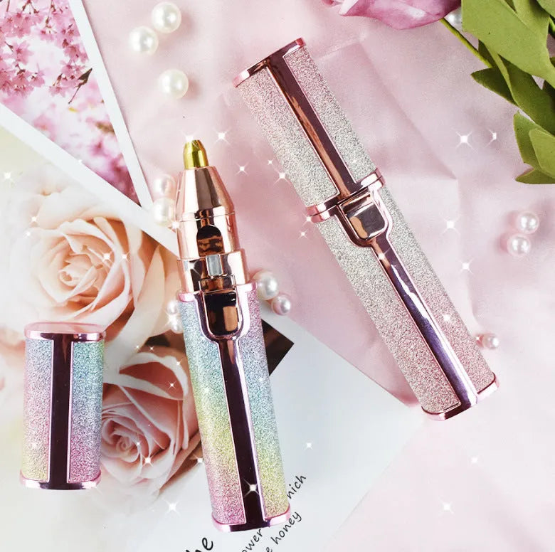 Lipstick-shaped ladies electric eyebrow trimmer with gold plated head in rainbow colour