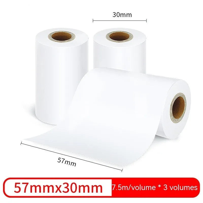 Three rolls of white 57mm by 30mm thermal paper for small printers.