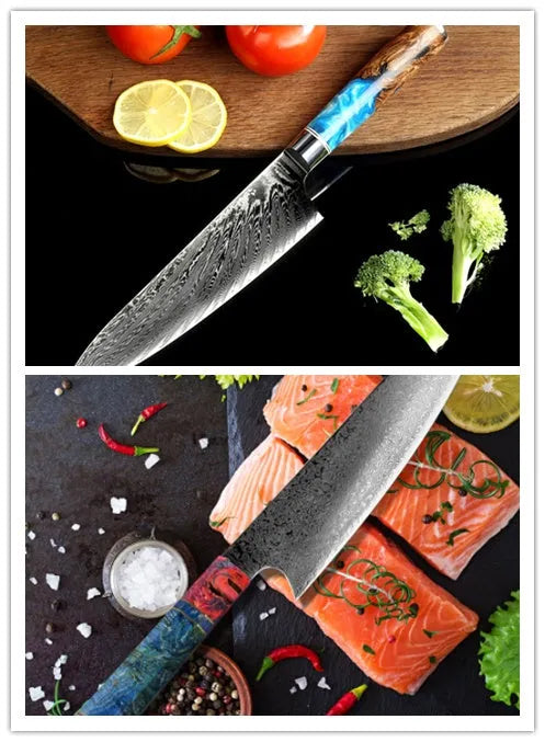 Eight-piece kitchen knife set with Damascus steel chef's knife and various blade sizes for food preparation