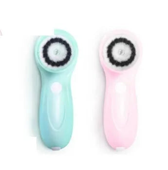 Rechargeable waterproof electric face brush in blue on a white background with USB charging cable