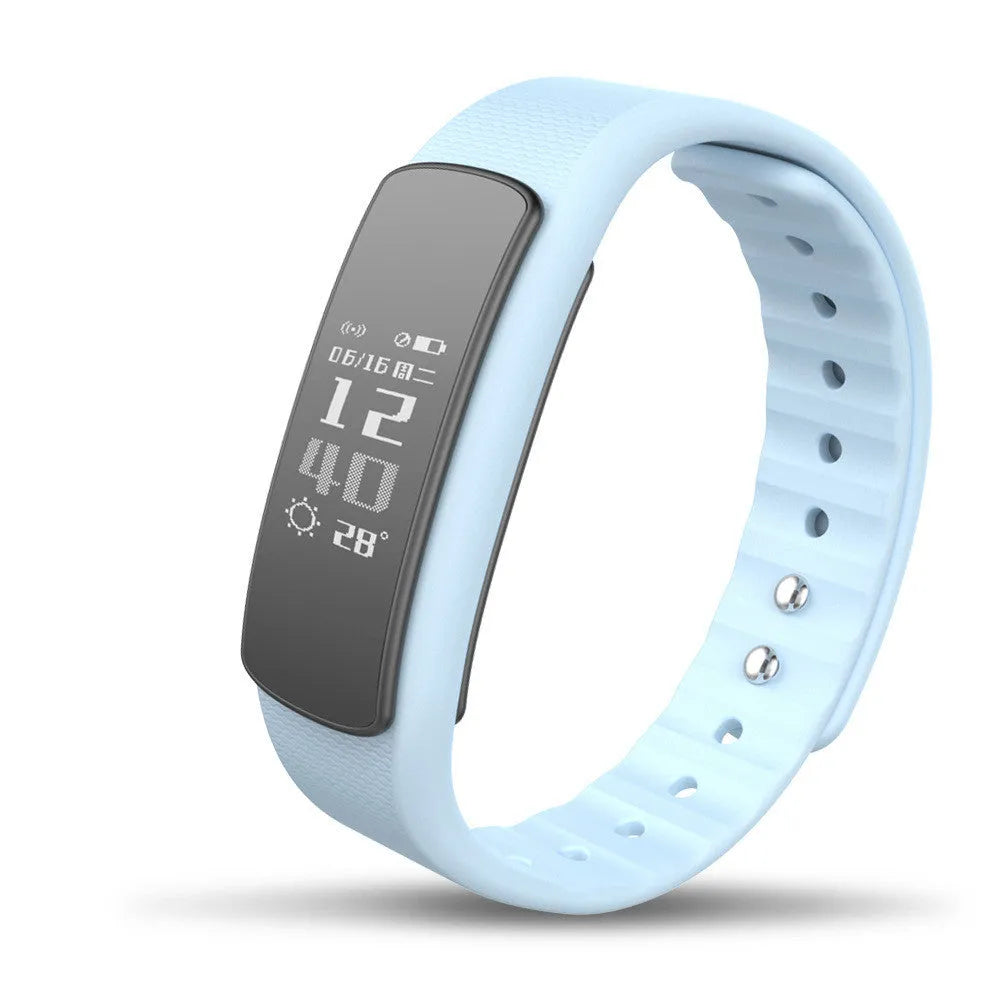 I6 smart sports bracelet with 0.96-inch touchscreen display on wrist showing health metrics