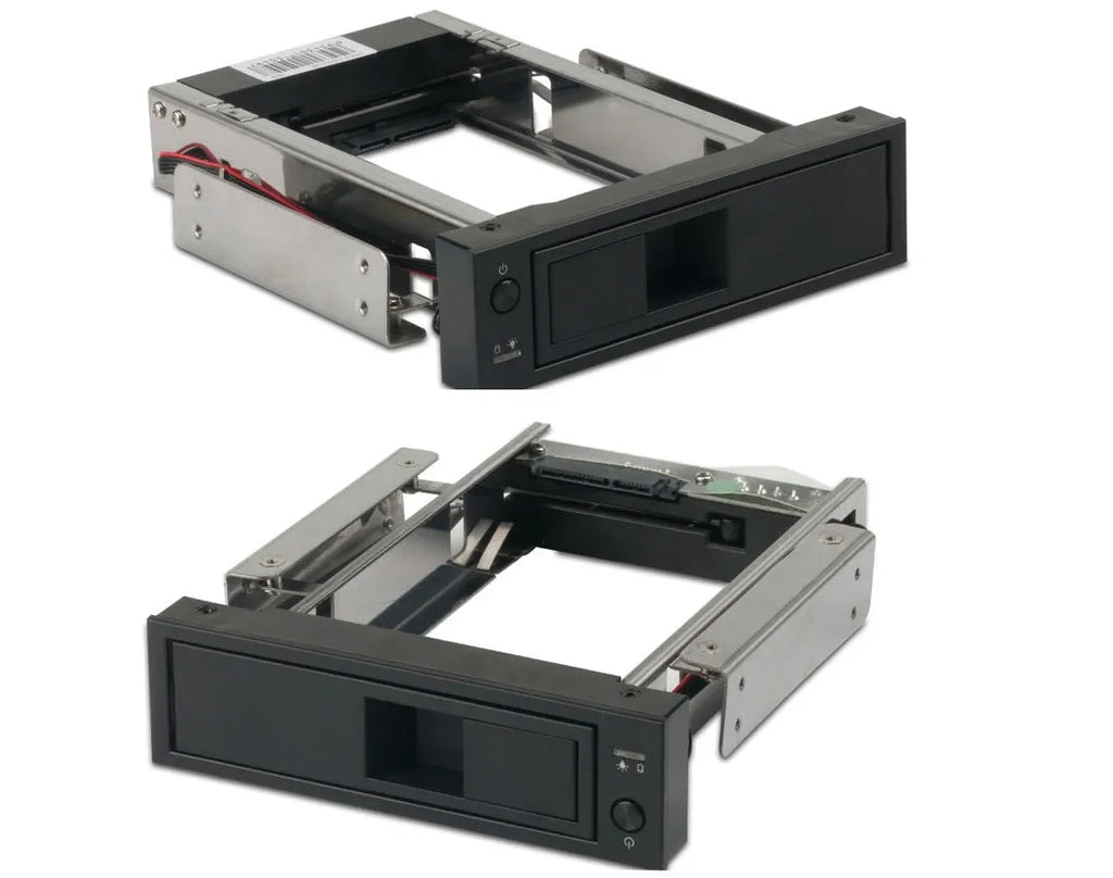 Black hard disk tray for CD-ROM bay mounting in vertical desktop chassis, plastic and iron construction