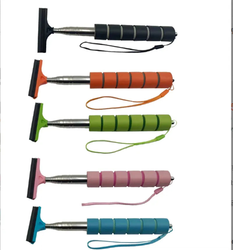 Retractable stainless steel car wiper with rubber blade, shown extended and in black, blue, green, orange, and pink colours.