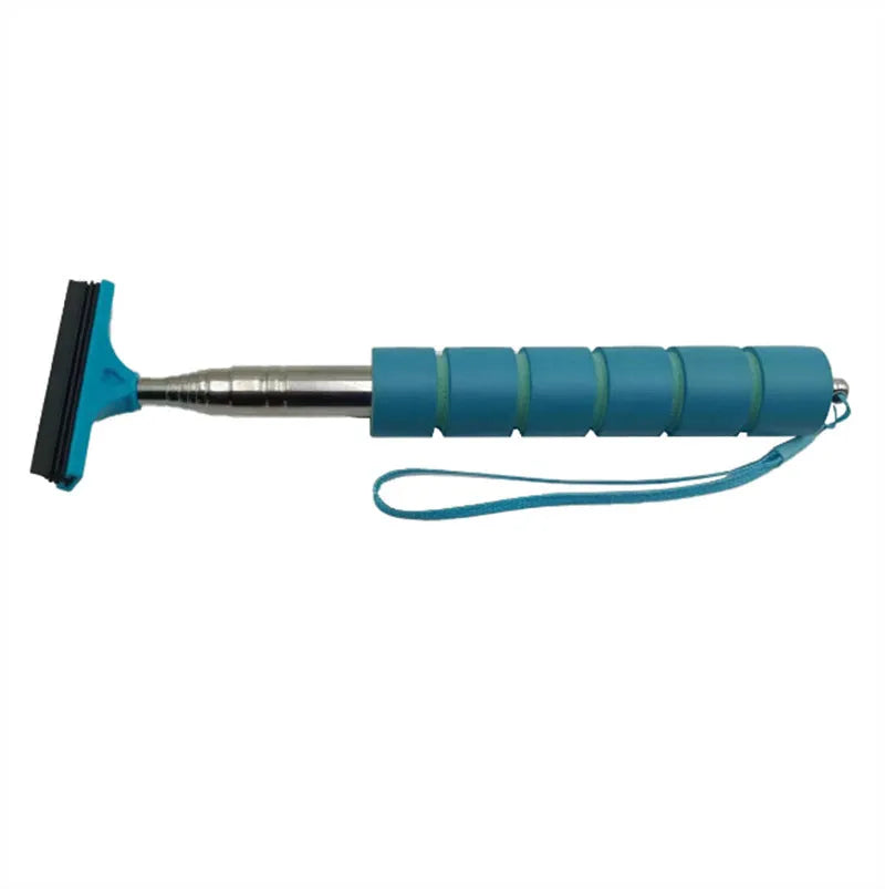 Retractable stainless steel car wiper with rubber blade, shown extended and in black, blue, green, orange, and pink colours.