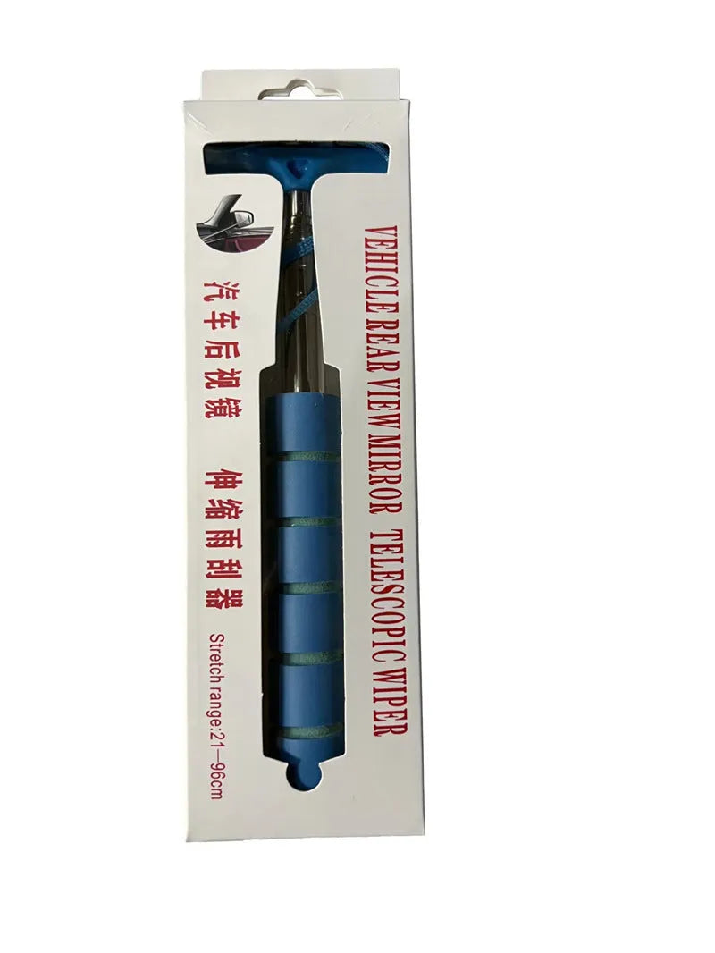 Retractable stainless steel car wiper with rubber blade, shown extended and in black, blue, green, orange, and pink colours.