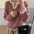 Women's red and blue striped cashmere pullover sweater with long sleeves
