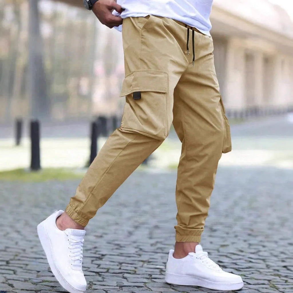 Workwear casual pants with drawstring elastic waist, solid colour, skinny leg, polyester, available in Asian sizes S-3XL