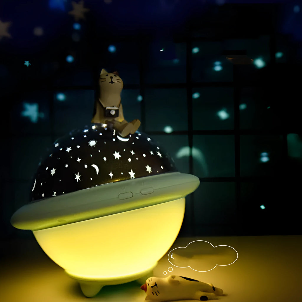 UFO-shaped star projection night light in green colour with USB cable