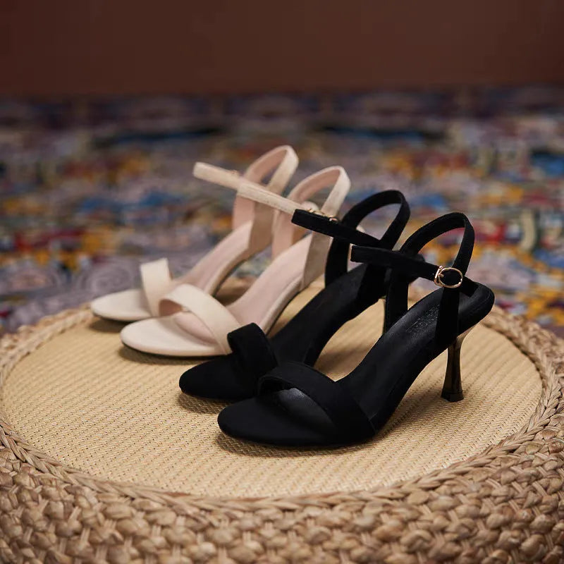 Women's one-strap low heel cat heel sandals in solid apricot colour with PU leather upper and rubber sole