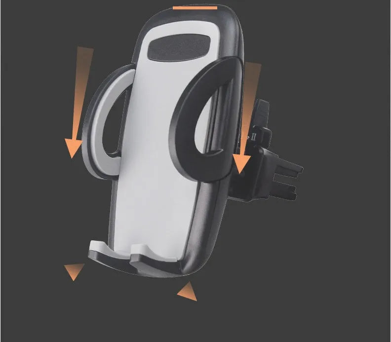 Black universal car mobile phone holder mounted on air conditioning outlet with smartphone secured