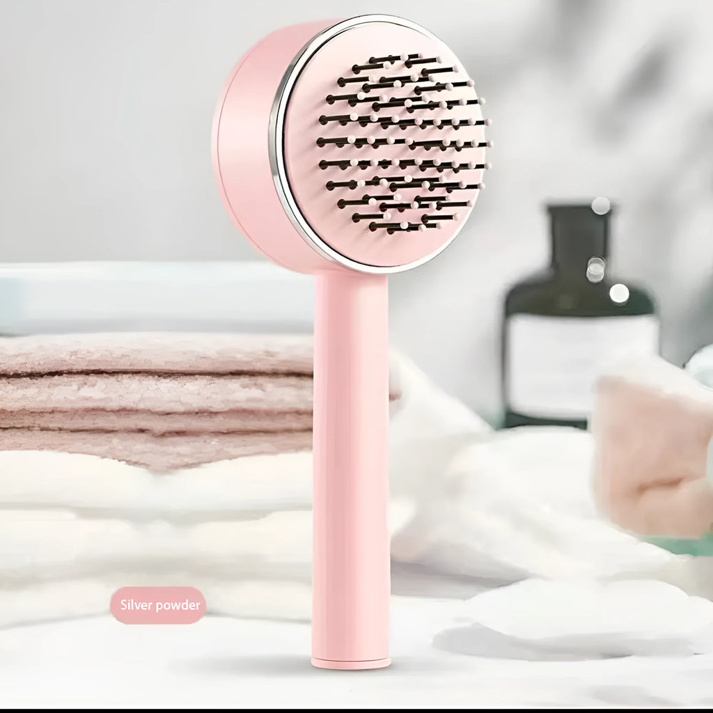 One-key self-cleaning hair brush with airbag cushion and round-head comb tips, 20x9cm, available in green pink and white